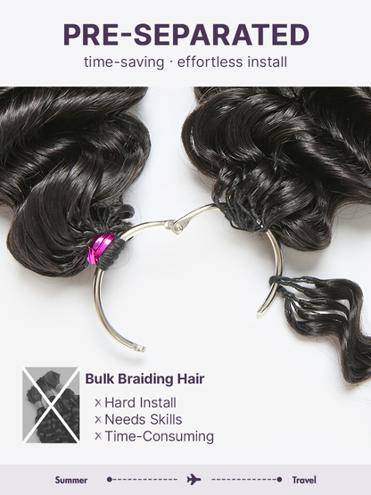 Luvme Hair Readitress™ pre-separated feather crochet human hair in deep wave and Burmese curly styles for boho braids.
