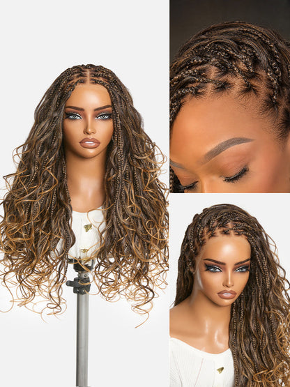 Luvme Hair OwnScalp™ French Curl Knotless Boho Braids HD full lace wig with long curls and flexible drawstring cap on a mannequin head.