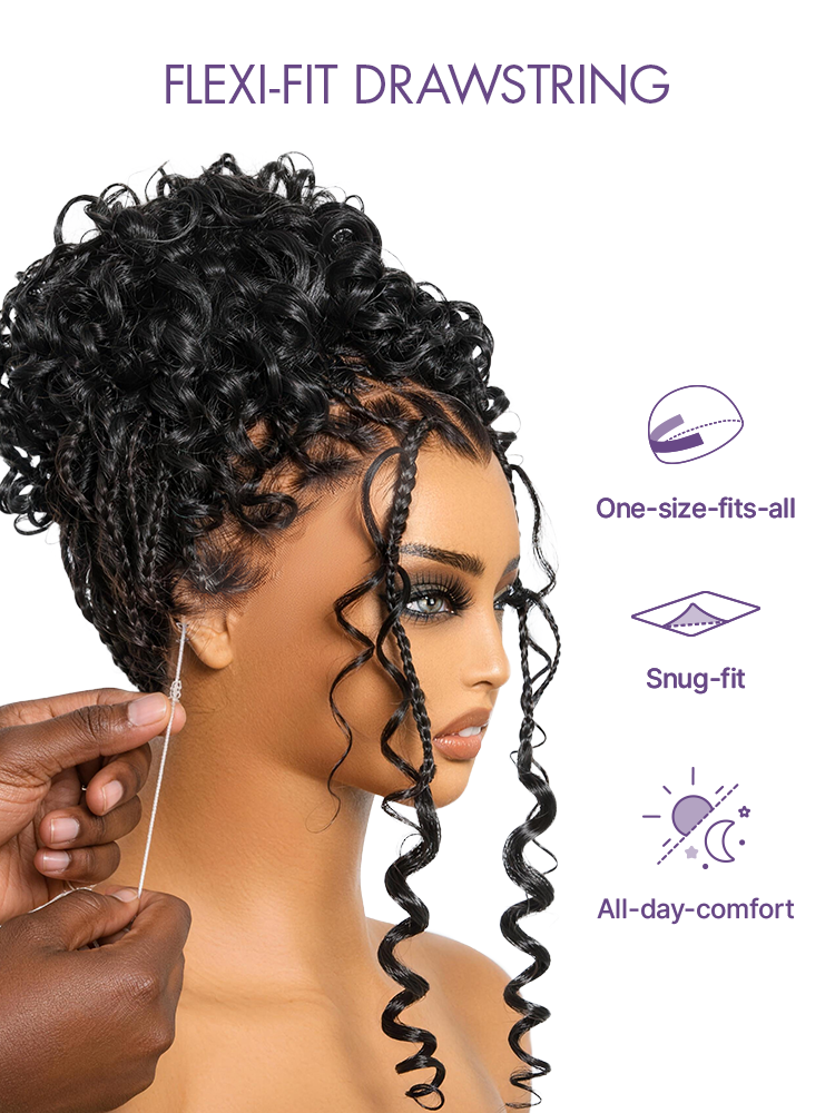 OwnScalp™ HD Full Lace Knotless Boho Curls Braided Bob Pre-Cut Lace Wig Flexi Fit Invisi Drawstring Cap-52