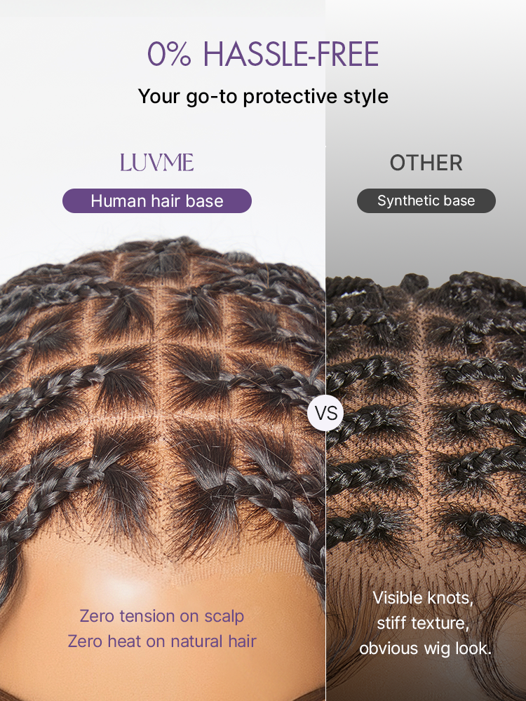 Luvme Hair OwnScalp HD full lace knotless boho curls braided bob wig with pre-cut lace and flexible drawstring cap.