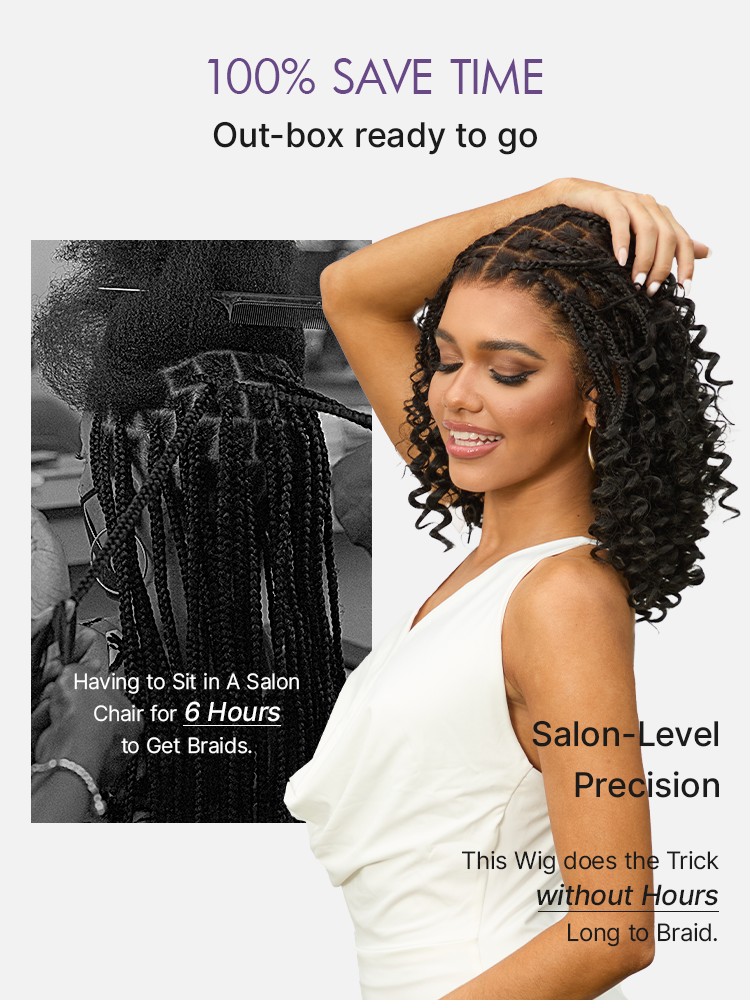 Luvme Hair OwnScalp™ HD full lace knotless boho curls braided bob wig with lace front and flexible drawstring cap, natural style.