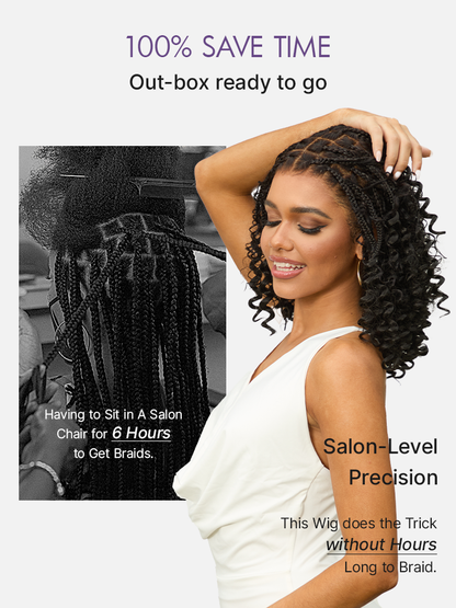 Luvme Hair OwnScalp™ HD full lace knotless boho curls braided bob wig with lace front and flexible drawstring cap, natural style.