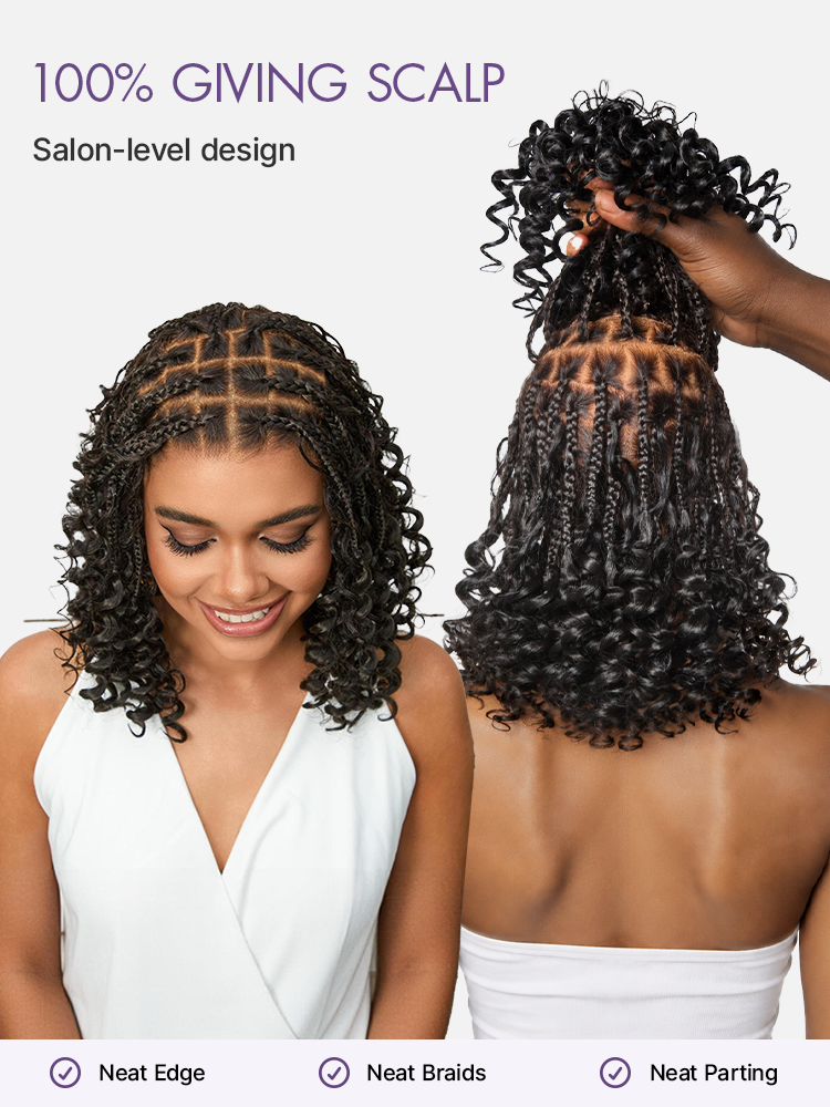 OwnScalp HD full lace knotless boho curls braided bob wig with pre-cut lace and flexible drawstring cap by Luvme Hair.