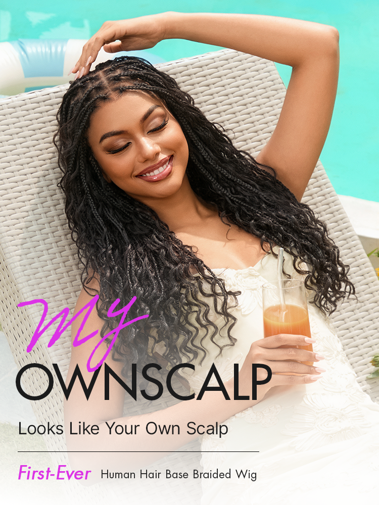 Luvme Hair OwnScalp lightweight flexi-fit invisibility drawstring cap with full lace, knotless boho curls, braided long wig, natural scalp
