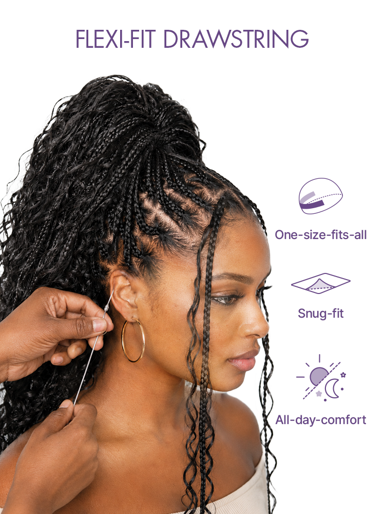 OwnScalp™  Light Weight Flexi-Fit Invisi Drawstring Cap Full Lace Knotless Boho Curls Braided Long Wig Super Natural Scalp-80