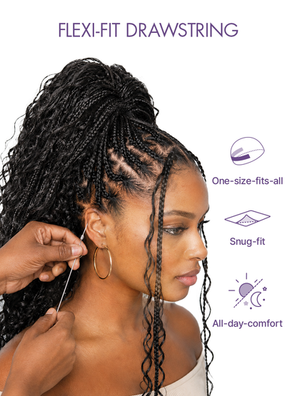 OwnScalp™  Light Weight Flexi-Fit Invisi Drawstring Cap Full Lace Knotless Boho Curls Braided Long Wig Super Natural Scalp-80