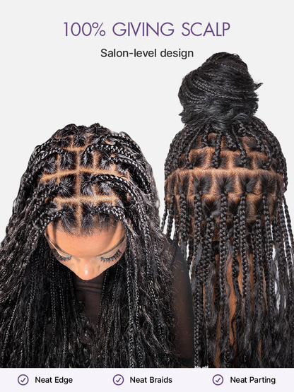 Luvme Hair OwnScalp™ lightweight Flexi-Fit Invisi drawstring cap with full lace, knotless boho curls, braided long wig, natural scalp look