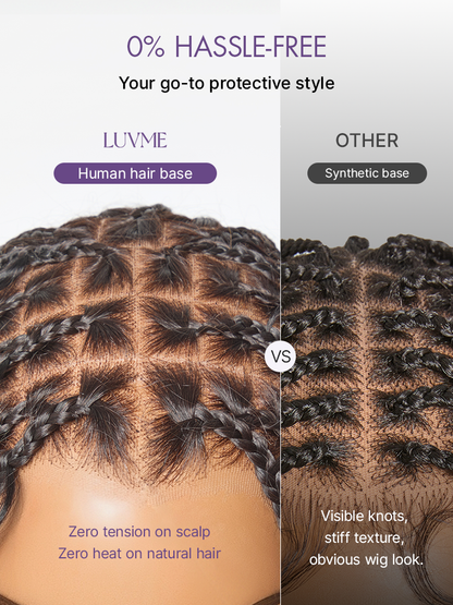 Luvme Hair OwnScalp lightweight Flexi-Fit Invisi Drawstring Cap with full lace, knotless boho curls, braided long wig, natural scalp look