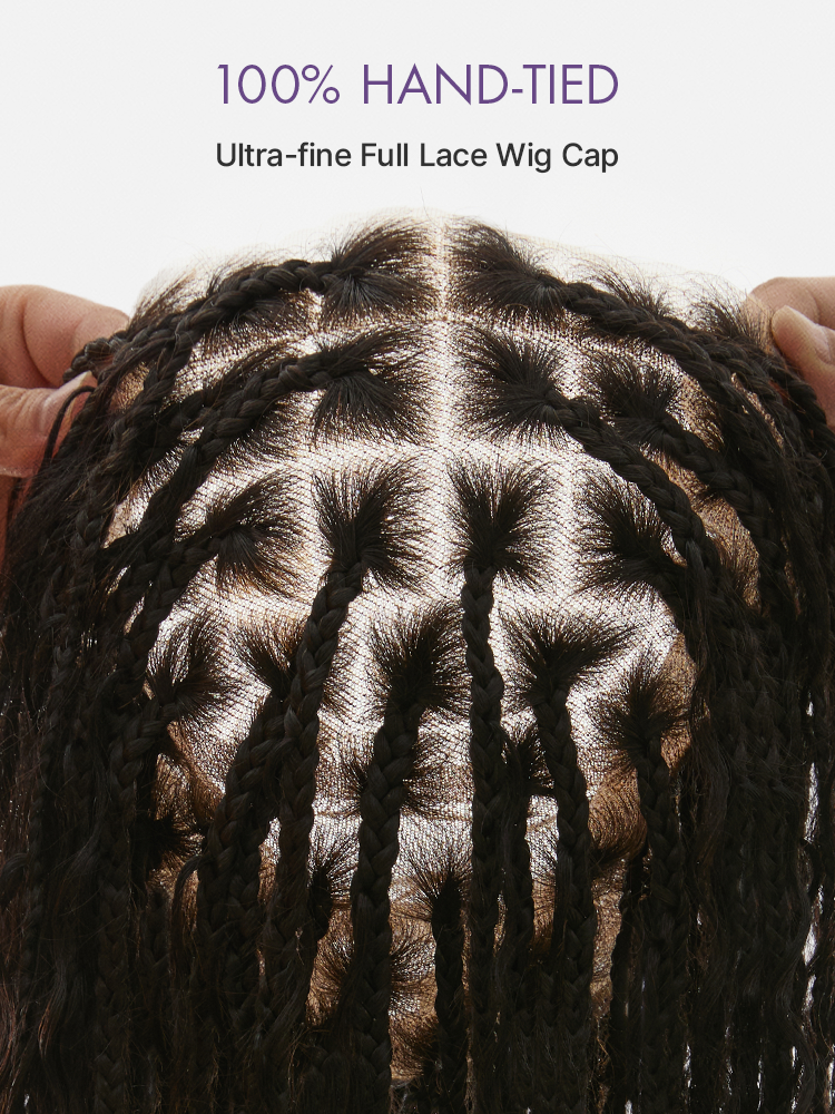 Luvme Hair OwnScalp Light Weight Flexi-Fit Invisi Drawstring Cap with full lace, knotless boho curls, long braided wig, natural scalp look