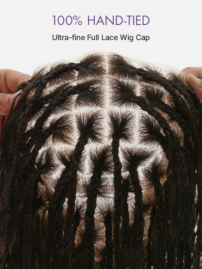 Luvme Hair OwnScalp Light Weight Flexi-Fit Invisi Drawstring Cap with full lace, knotless boho curls, long braided wig, natural scalp look
