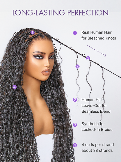 Luvme Hair OwnScalp lightweight Flexi-Fit Invisi Drawstring Cap with full lace, knotless boho curls, braided long wig, natural scalp look