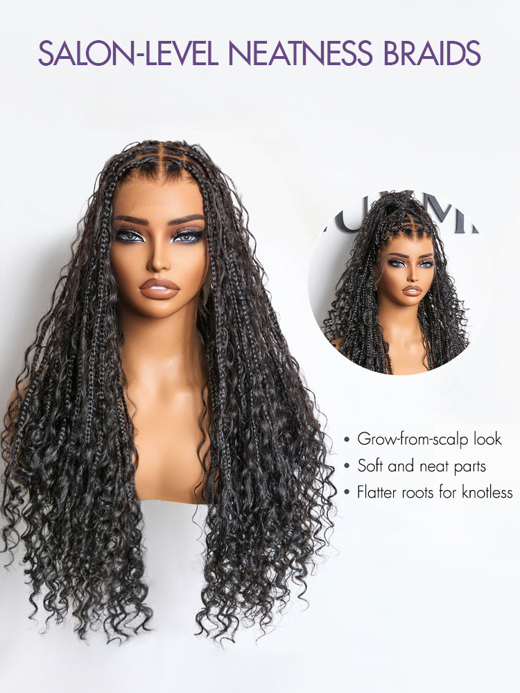 OwnScalp™  Light Weight Flexi-Fit Invisi Drawstring Cap Full Lace Knotless Boho Curls Braided Long Wig Super Natural Scalp-82