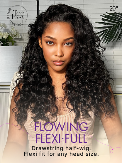 Luvme Too Easy Texture 3-in-1 half wig with water wave style, 180% density, glueless flexi-fit drawstring design, natural water wave hair.