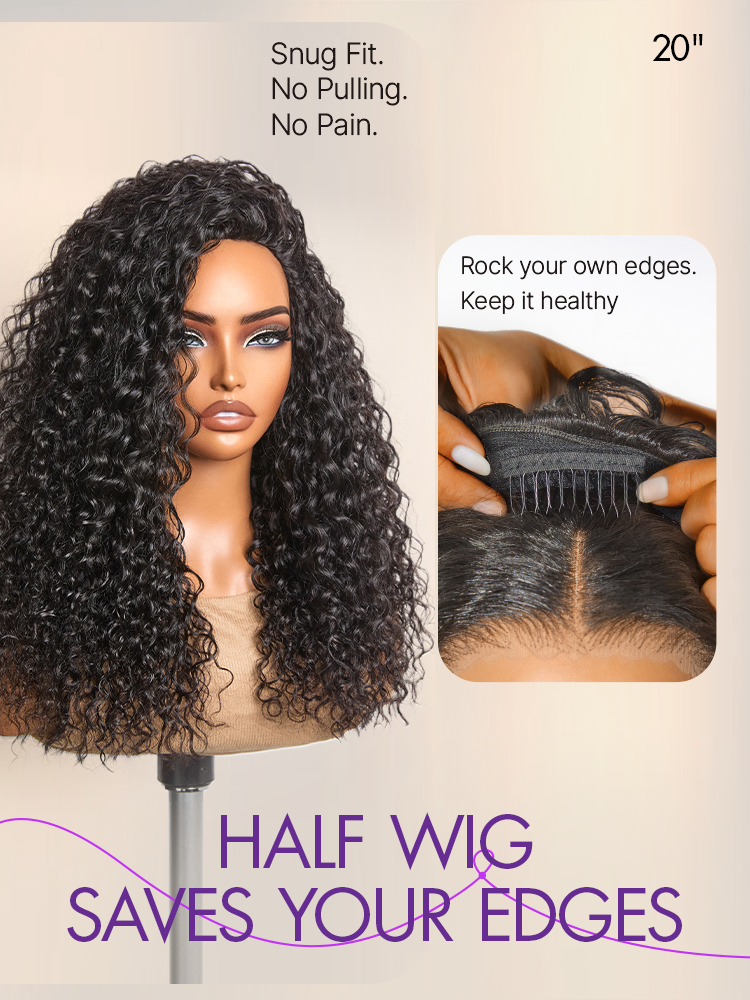 Luvme Hair Too Easy Texture 3-in-1 Half Wig with water wave style, 180% density, glueless design, and drawstring fit.