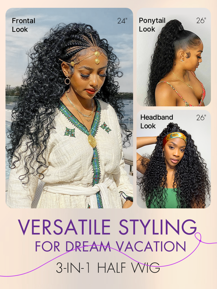 Luvme Too Easy Texture 3-in-1 water wave half wig with 180% density, glueless flexi-fit drawstring design, natural water wave style