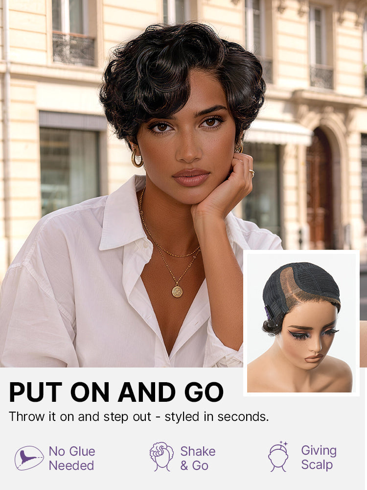 Luvme Hair black lightweight roll curl wig with short pixie cut, natural HD lace, glueless, beginner-friendly, pre-cut lace style