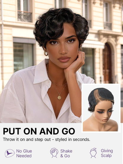 Luvme Hair black lightweight roll curl wig with short pixie cut, natural HD lace, glueless, beginner-friendly, pre-cut lace style
