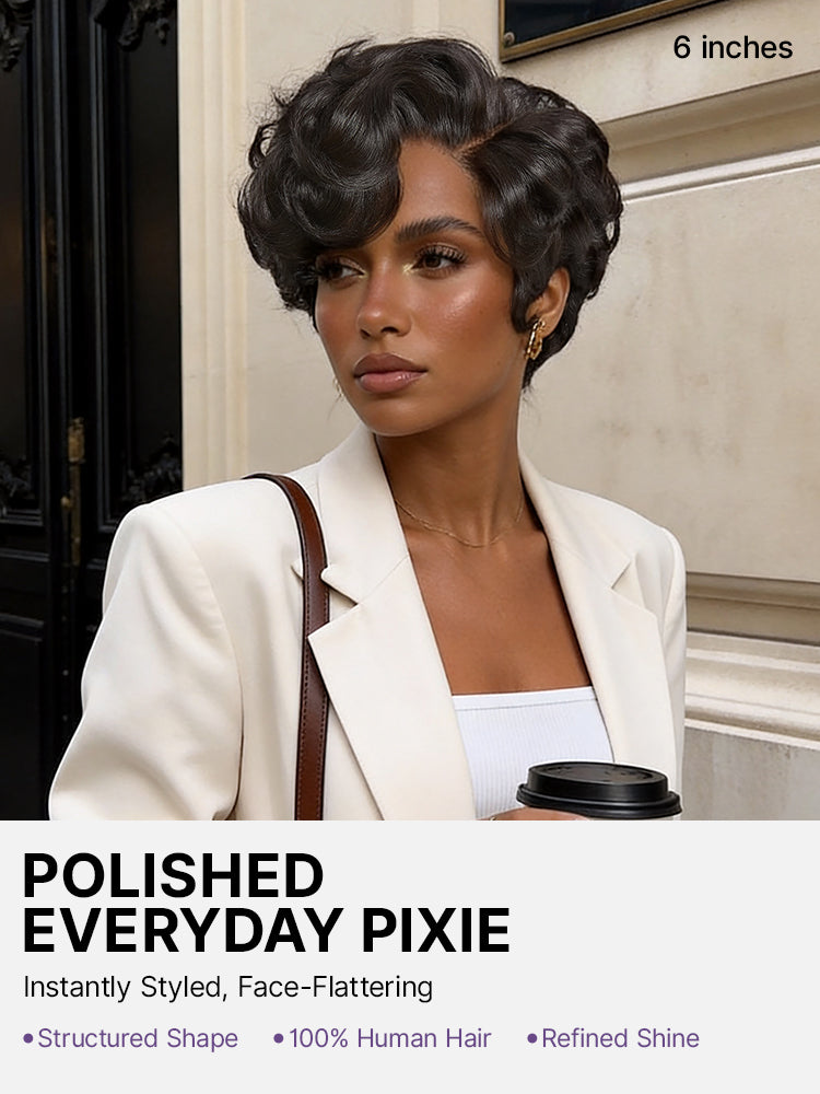 Luvme Hair natural black lightweight short pixie cut wig with minimal HD lace, glueless, beginner-friendly, pre-cut lace style.