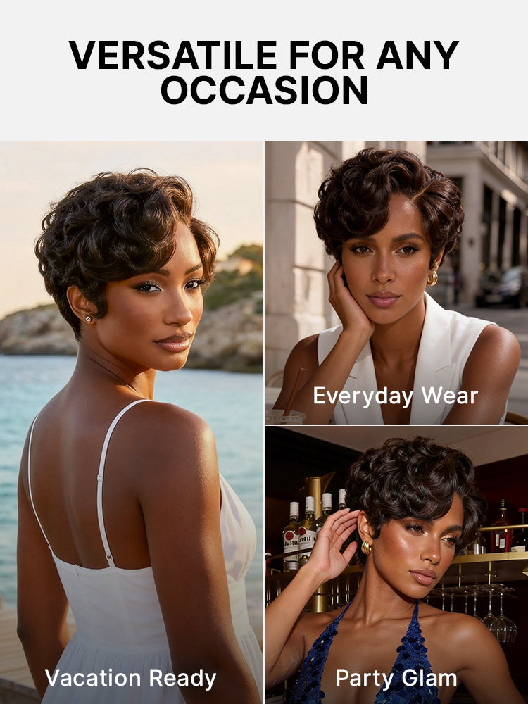 Luvme Hair natural black lightweight short pixie cut wig with pre-cut lace, glueless, minimalist, beginner-friendly HD lace for easy wear.