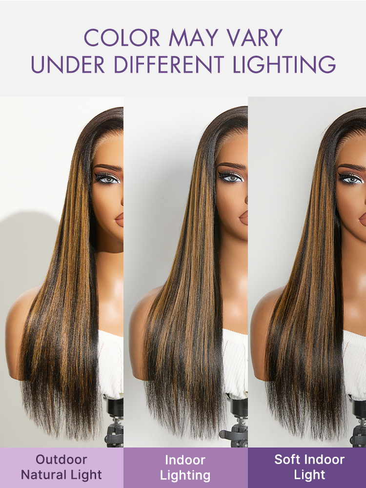 Luvme Hair all-day comfort black wig with honey blonde highlights, Yaki straight texture, 7x6 HD lace closure, glueless pre-cut lace