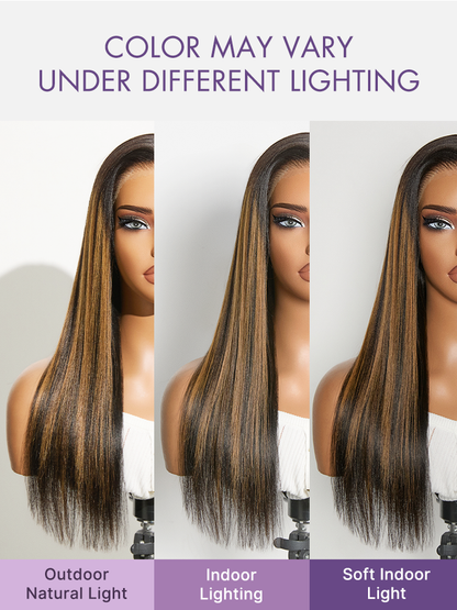 Luvme Hair all-day comfort black wig with honey blonde highlights, Yaki straight texture, 7x6 HD lace closure, glueless pre-cut lace