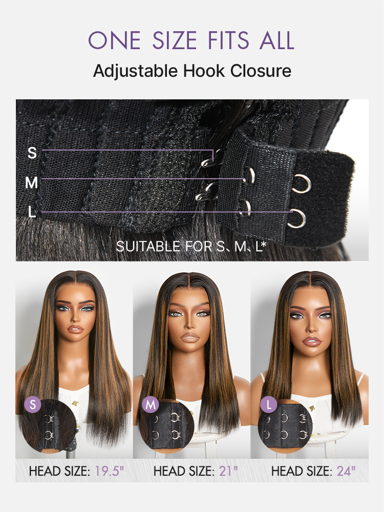 Luvme Hair black Yaki straight wig with honey blonde highlights, 7x6 HD lace closure, glueless, pre-cut lace for natural look
