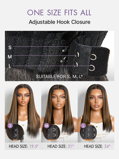Luvme Hair black Yaki straight wig with honey blonde highlights, 7x6 HD lace closure, glueless, pre-cut lace for natural look
