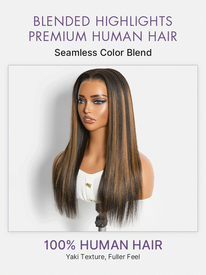 Luvme Black Yaki Straight lace wig with honey blonde highlights, 7x6 closure, glueless, pre-cut HD lace, all-day comfort.