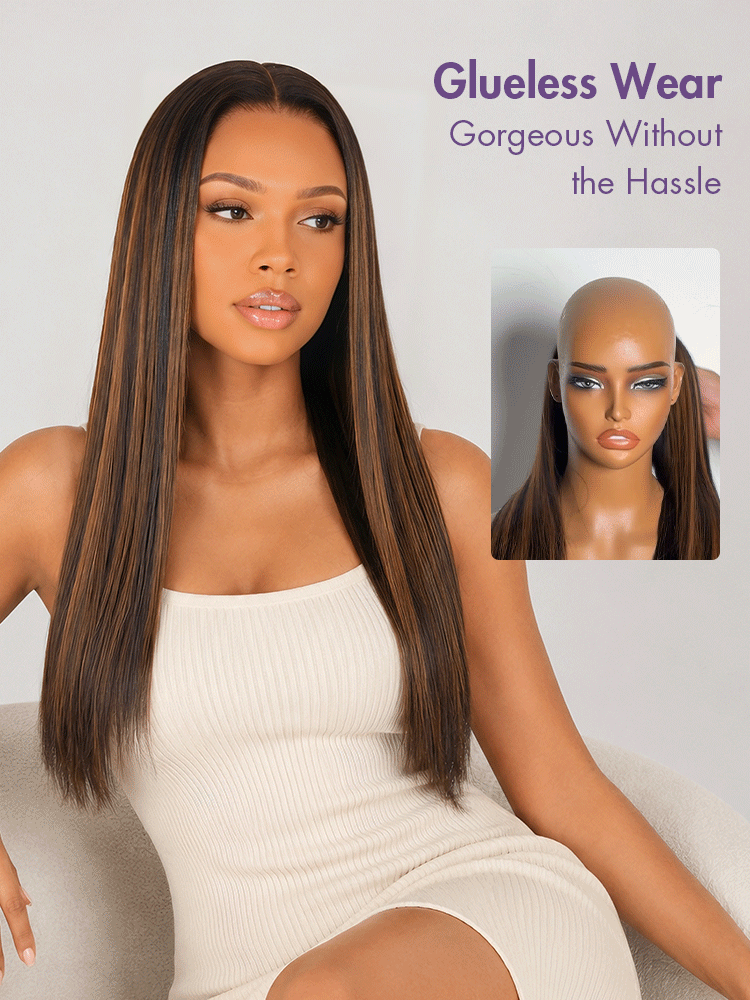 Luvme Hair All-Day Comfort black Yaki straight wig with honey blonde highlights, 7x6 lace closure, glueless, pre-cut lace.