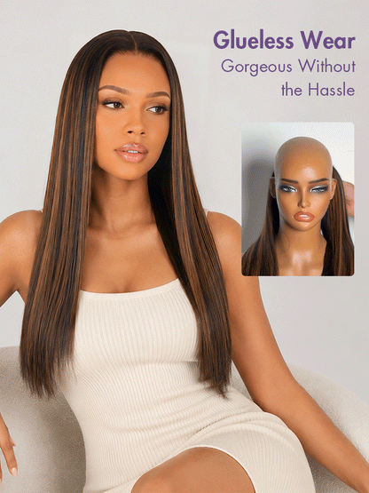 Luvme Hair All-Day Comfort black Yaki straight wig with honey blonde highlights, 7x6 lace closure, glueless, pre-cut lace.