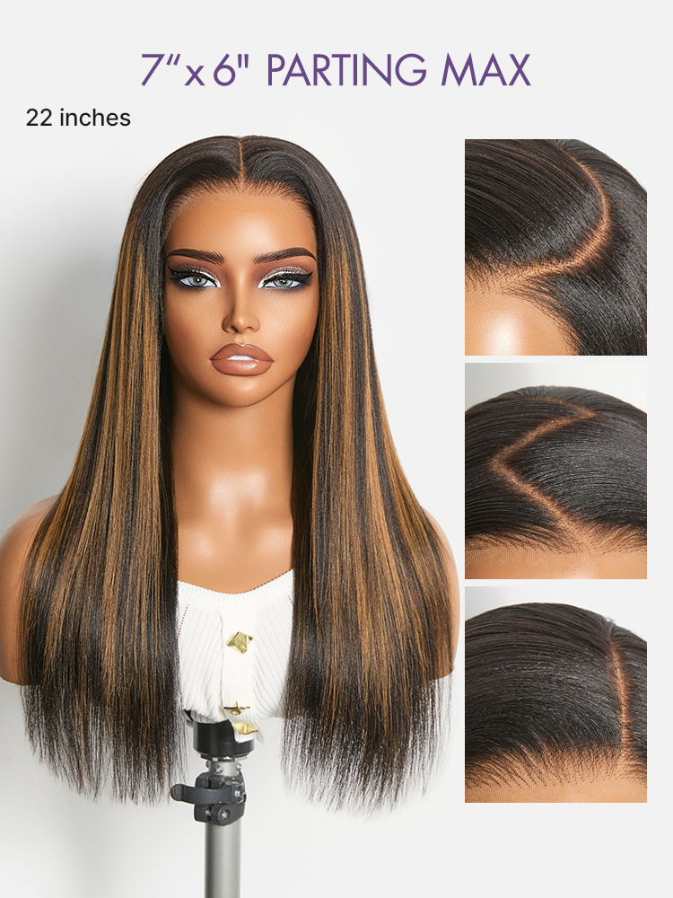 Luvme Hair all-day comfort black wig with honey blonde highlights, Yaki straight texture, 7x6 lace closure, glueless, pre-cut lace