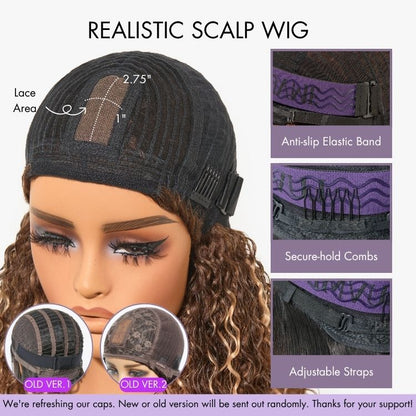 Luvme Hair beginner-friendly brown loose wave lace shoulder-length wig with bangs, minimalist style, glueless and natural-looking.