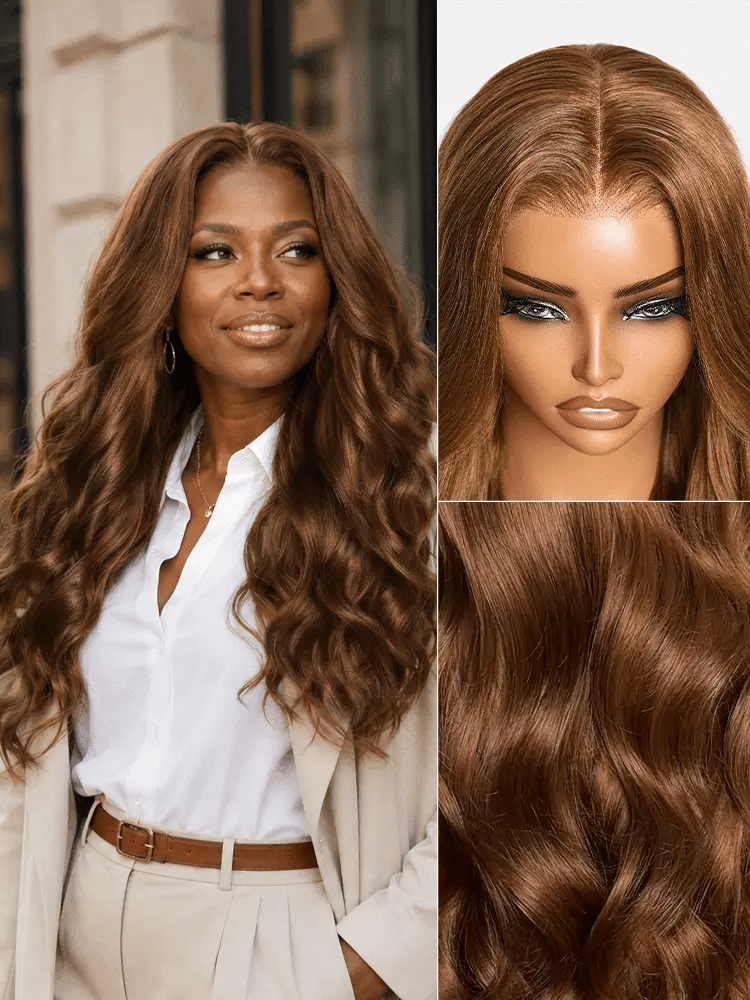 Luvme Hair All Day Curl Hold honey chestnut brown 7x6 HD lace glueless wig with loose waves and pre-cut lace, 180% density.