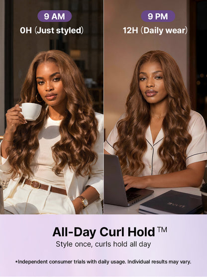 Luvme Hair All Day Curl Hold honey chestnut brown 7x6 HD lace glueless wig with loose waves and pre-cut lace, 180% density.