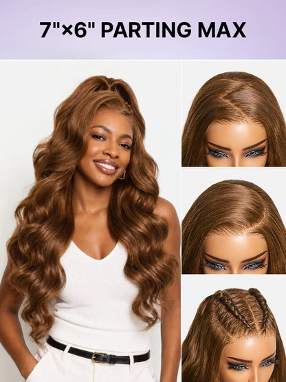 Luvme Hair All Day Curl Hold Honey Chestnut Brown 7x6 HD lace wig with loose waves and pre-cut glueless closure, 180% density