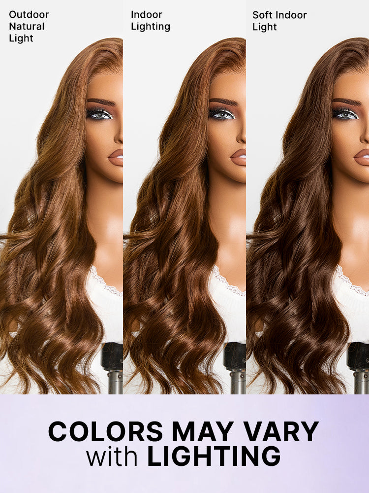 Luvme Hair All Day Curl Hold Honey Chestnut Brown 7x6 lace closure wig with loose waves and 180% density, glueless pre-cut lace.