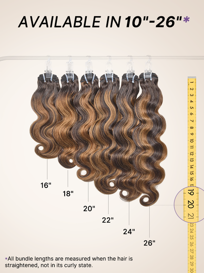 Brown highlight body wave bundles from Luvme Hair, 100% Remy human hair, showing textured waves and natural shine.