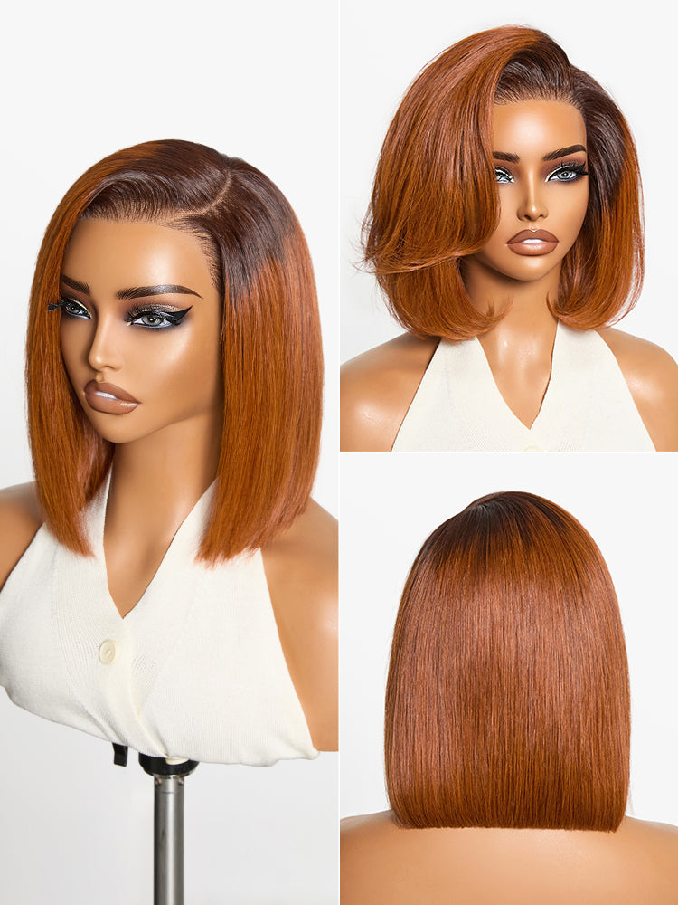 Luvme Hair ginger ombre 13x4 lace front glueless blunt cut bob human hair wig with pre-cut lace, styled straight.
