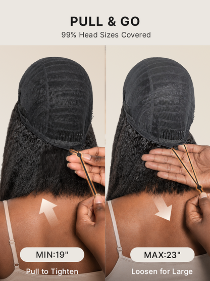 Luvme Hair 3-in-1 kinky straight bob wig with 180% density, glueless flexi-fit drawstring, natural look, and versatile styling.