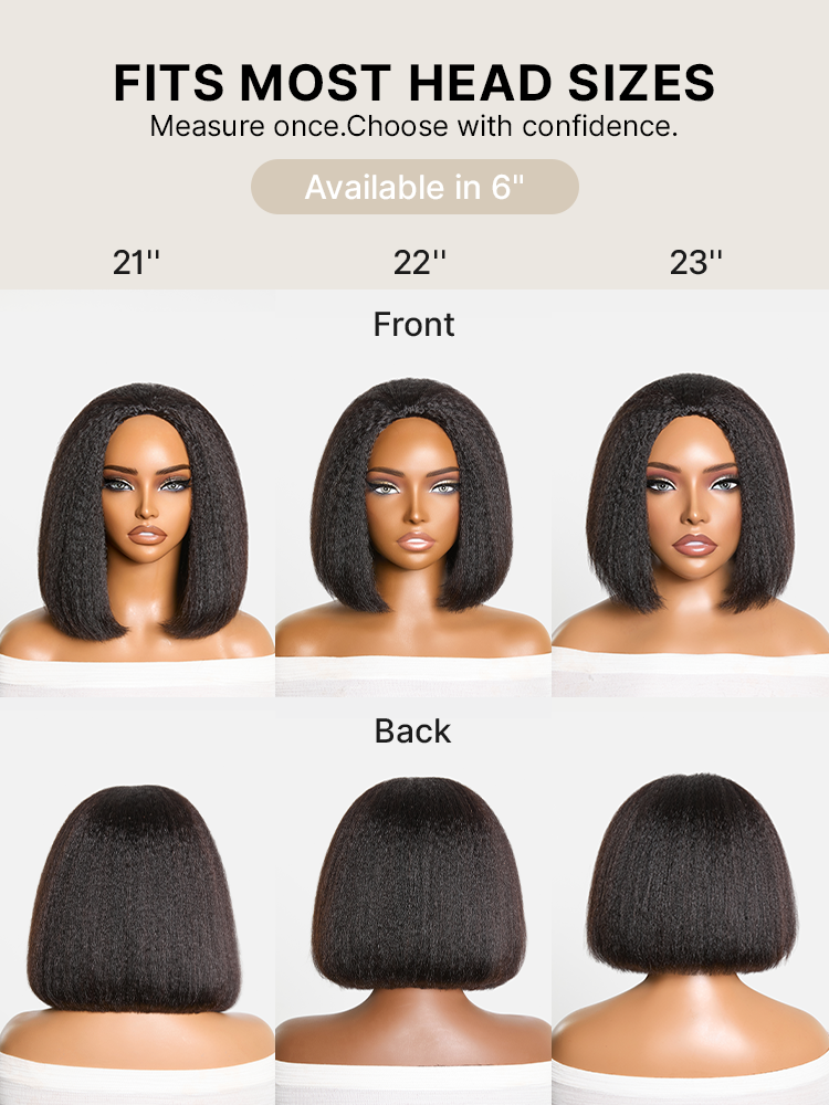 Luvme Hair 3-in-1 kinky straight bob wig with 180% density, glueless design, drawstring cap, and flexible fit.