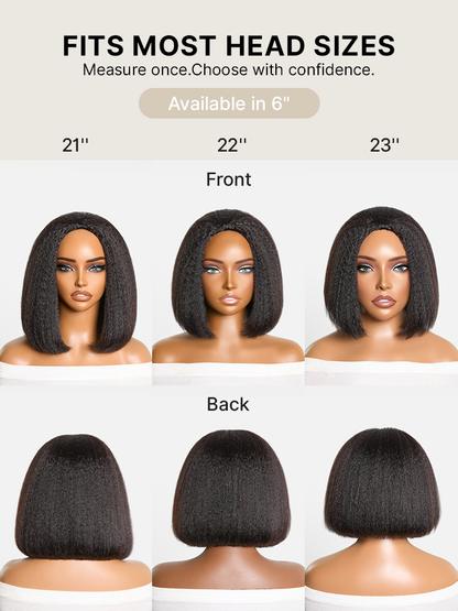 Luvme Hair 3-in-1 kinky straight bob wig with 180% density, glueless design, drawstring cap, and flexible fit.