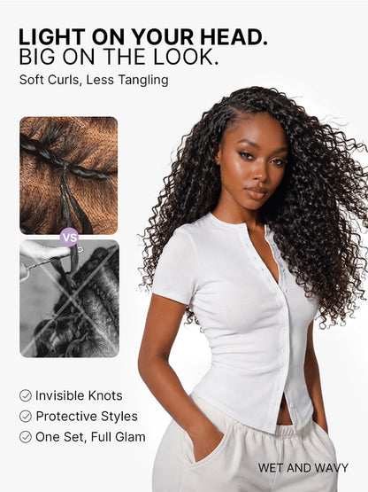 Luvme Hair Miracle Knots crochet hair extensions in water wave and kinky straight styles, pre-looped and lightweight for protective styles.