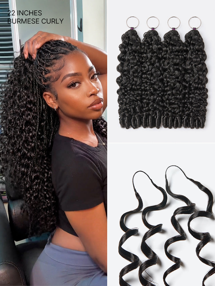 Luvme Hair Miracle Knots crochet hair in Burmese curly, wet wavy water wave, kinky straight, for boho braids and protective styles.