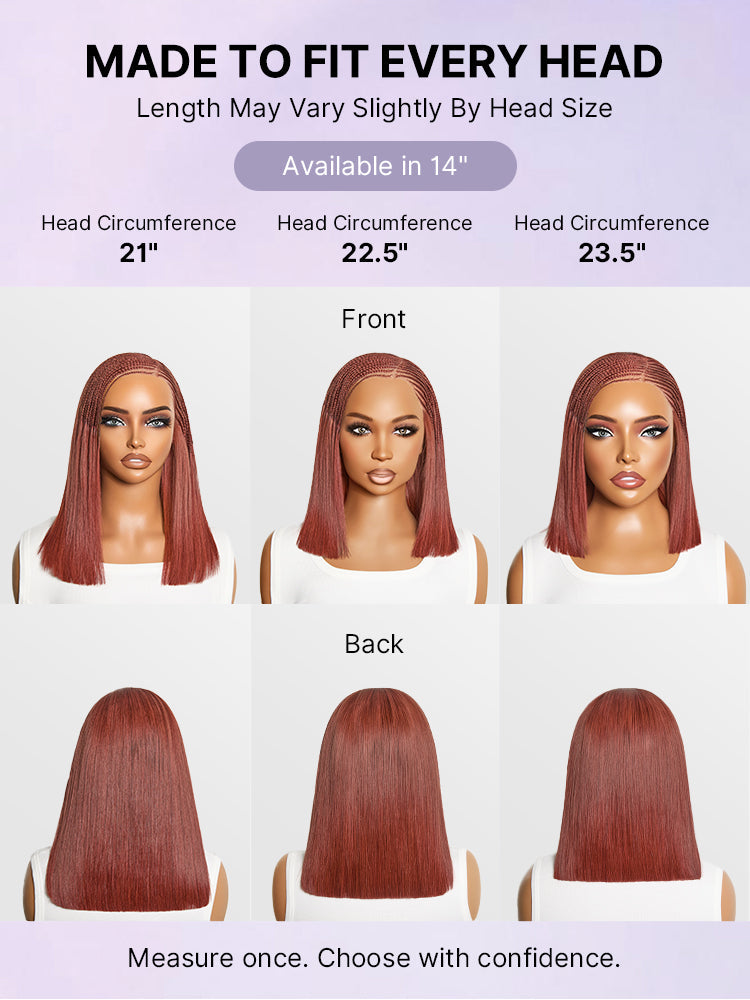 Luvme Hair copper red Fulani braids straight bob wig with 13x4 frontal lace, pre-cut lace, and drawstring cap for easy wear.