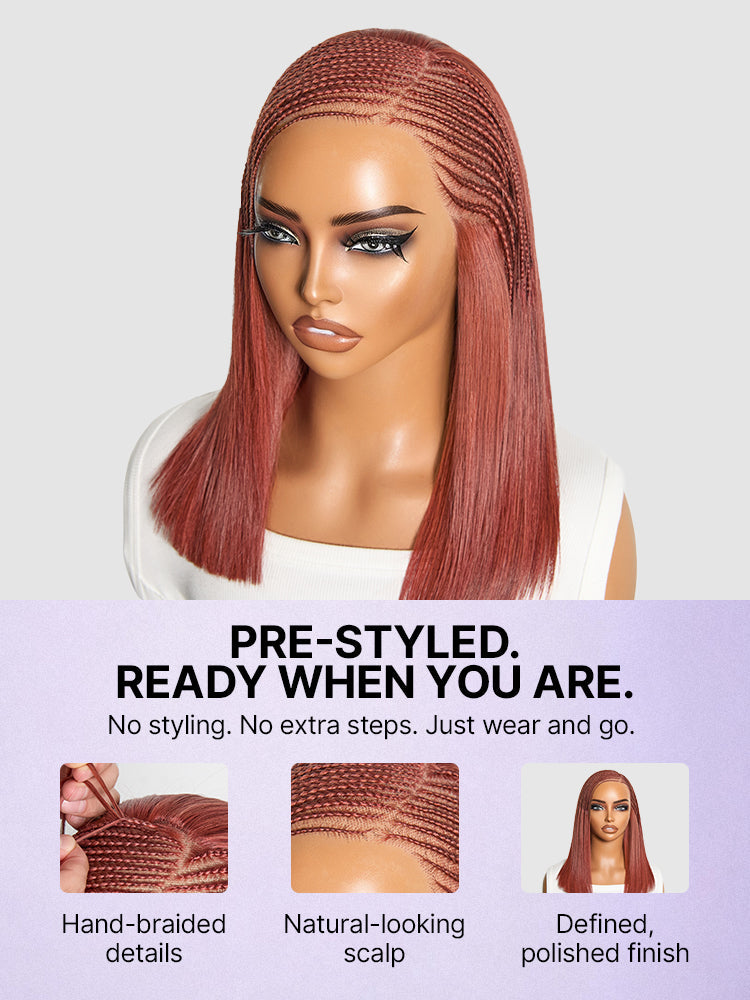 Luvme Hair copper red Fulani braids straight bob lace wig with 13x4 frontal, pre-cut lace, drawstring cap for easy wear