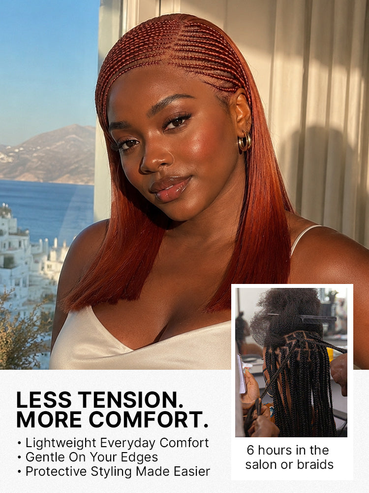 Luvme Hair copper red Fulani braids bob wig with 13x4 frontal lace, pre-cut lace, drawstring cap, straight style.