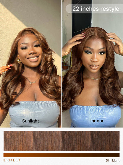 Luvme Hair rich chocolate brown silky straight 13x4 lace frontal wig with 180% density and pre-cut lace, glueless design.
