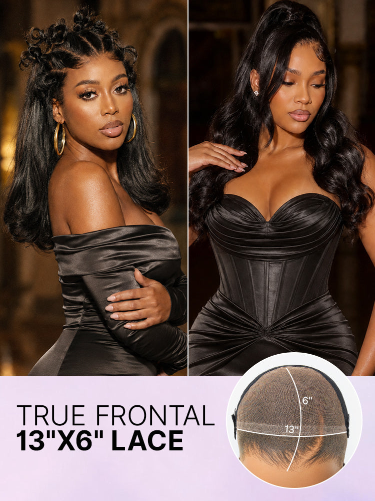 Luvme Hair NatureMAX™ loose wave HD lace front wig with 13x6 lace, pre-cut human hair, and flexible drawstring cap.
