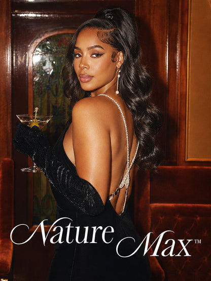 Luvme Hair NatureMAX 200% density loose wave glueless HD lace front wig with pre-cut lace and flexible drawstring cap on a mannequin head.