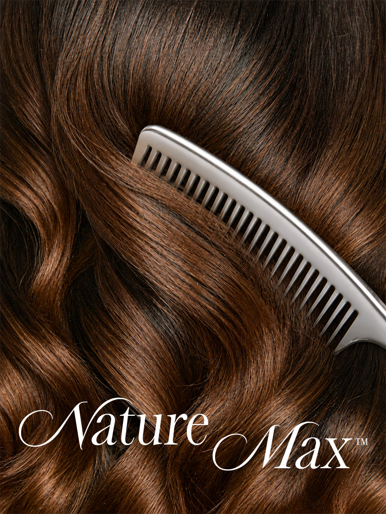 Luvme Hair NatureMAX™ 13x6 HD lace front wig with loose wave style, ombre brown to natural black, shoulder length, pre-cut lace